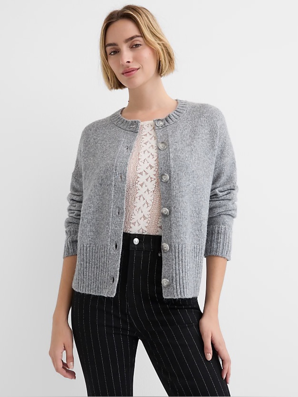 New NWT Loft Ribtrim Cardigan grey medium cozy warm oversized women’s button